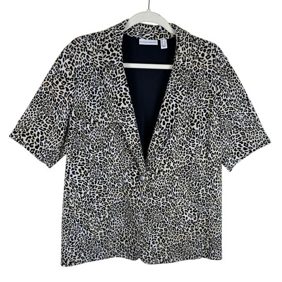 Susan Graver Leopard Print Half Sleeve Stretchy Buttoned Blazer Pockets Size L - Picture 2 of 8